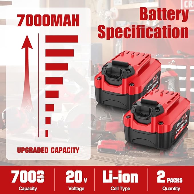 TURPOW 7.0Ah Upgraded Designed for Craftsman 20V Battery V20 Lithium Ion Battery for CMCB205 CMCB204 CMCB206 CMCB202 CMCB201 20V Cordless Power Tools, Long Lasting & Fast Charging Working All Day