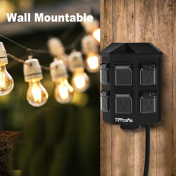 TiFFCOFiO Outdoor Power Strip Weatherproof, 25 FT Extension Cord with Stake, 6 Grounded Outlets for Halloween/Christmas Decorations and Inflatables, 15A/1875W, ETL Listed