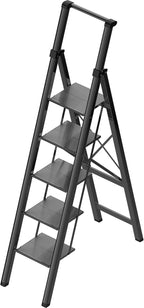 5 Step Ladder Adult Portable Folding Step Stool, Folding Aluminum Step Ladder with Double Padded Treads, Step Ladder with Handle for Home, Kitchen, Outdoor, 330 lb Weight Capacity - Black