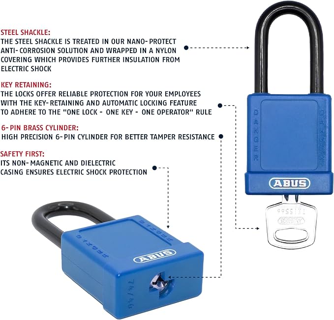 ABUS Blue Pack of 10 Lockout Tagout Premium Solid Body Safety Padlock Set - OSHA Compliant Loto Locks Insulated Against Electric Shock, Keyed Different, 1 Key Per Lock