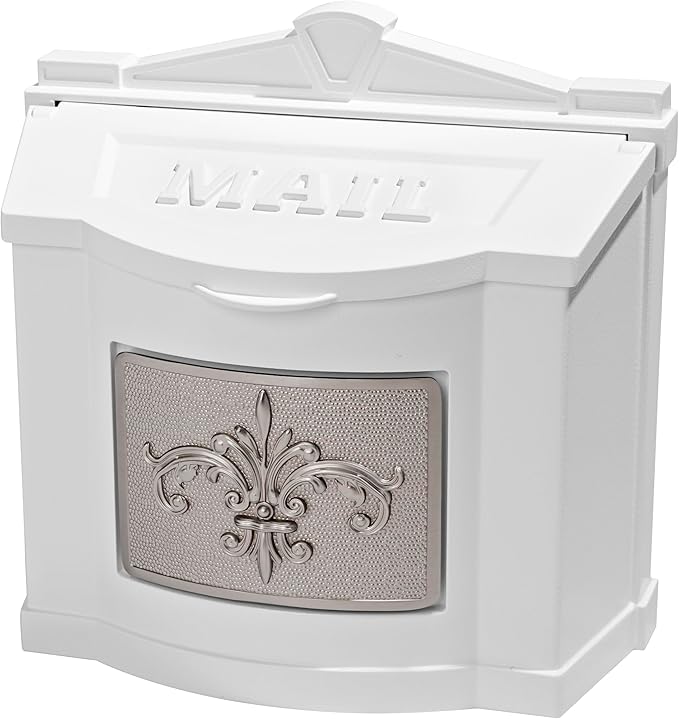 Gaines Wallmount Mailbox - Powder Coated Aluminum with Solid Brass Accents - Mounting Hardware Included (White with Satin Nickel Fleur De Lis)