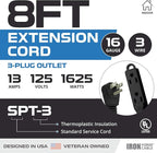 Iron Forge Cable 2 Pack 8 ft Flat Plug Black Extension Cord with 3 Outlets - 16/3 SJTW 3 Prong Indoor Extension Cord with Multiple Outlets