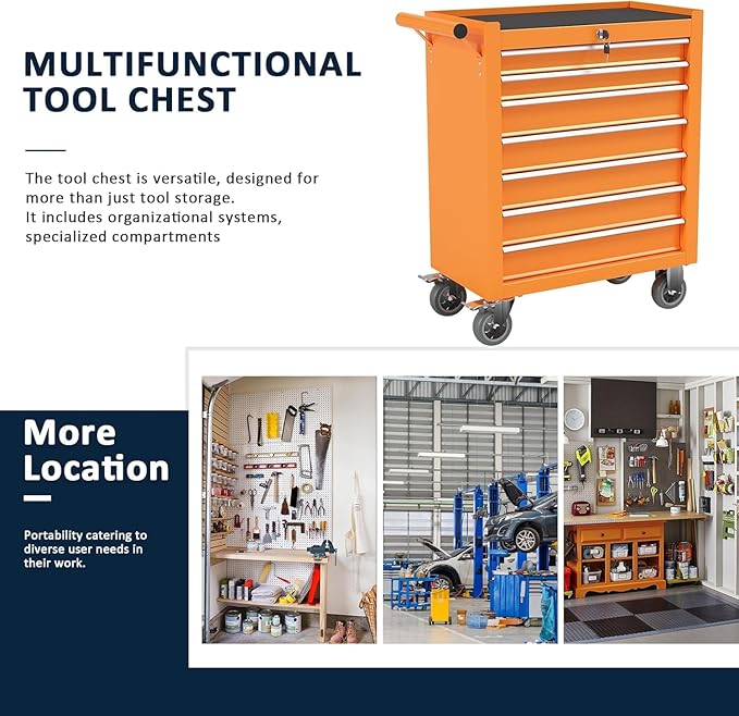 7-Drawer Metal Rolling Tool Chest with Wheels,Tool Storage Cabinet with Locking System，Toolbox with Wheels for Garage, Warehouse, Workshop, Repair Shop (Orange, 7-Drawer)