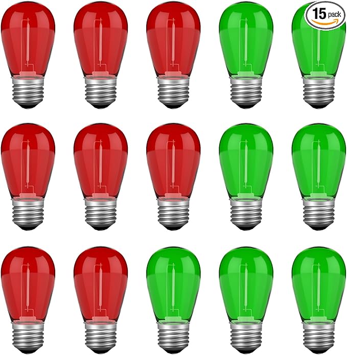 Red Green S14 Christmas Light Bulbs, 1 Watt Plastic Shatterproof LED Replacement Bulbs for Indoor Outdoor Patio String Light, E26 Medium Base, 15 Pack