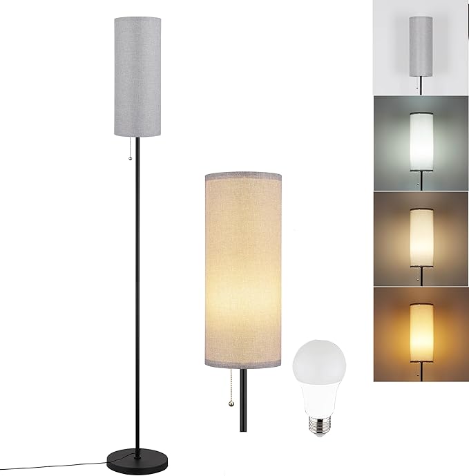 Floor Lamp for Living Room, Modern Standing Lamps with Lampshade, Minimalist Tall Lamp with Chain Switch for Living Room, LED Bulb Included (Gray Shade)
