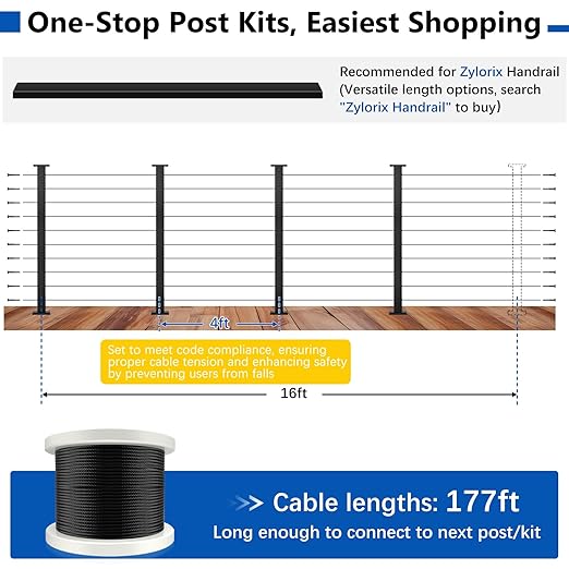 36" Expandable 12-16FT Black T304 Cable Railing Post Kit, Complete Cable Railing System with 4 Level Posts & 177ft 1/8" Wire Rope(No Handrail), Adjustable Length Easy DIY for Decks/Porch