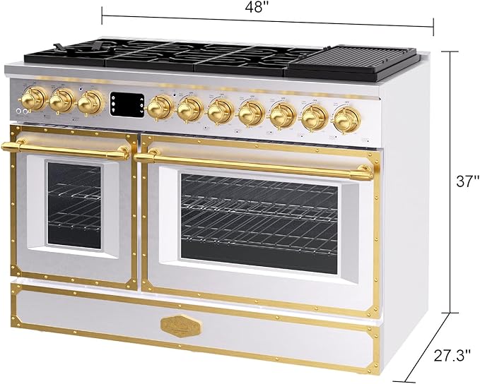 Akicon 48" Professional Custom Style Gas Range with 6.7 Cu. Ft. Oven, 8 Burners, Convection Fan, Cast Iron Grates, Clock and Timer