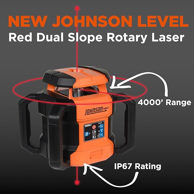 Johnson Level & Tool JRT300-RDHV-S Self-Leveling Red Dual Slope Rotary Laser System, 4,000FT Range, Lithium Ion Batteries, Magnetic Target, Laser Detector, Remote Control, Tripod and 13 FT Grade Rod