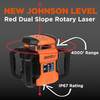 Johnson Level & Tool JRT300-RDHV-S Self-Leveling Red Dual Slope Rotary Laser System, 4,000FT Range, Lithium Ion Batteries, Magnetic Target, Laser Detector, Remote Control, Tripod and 13 FT Grade Rod