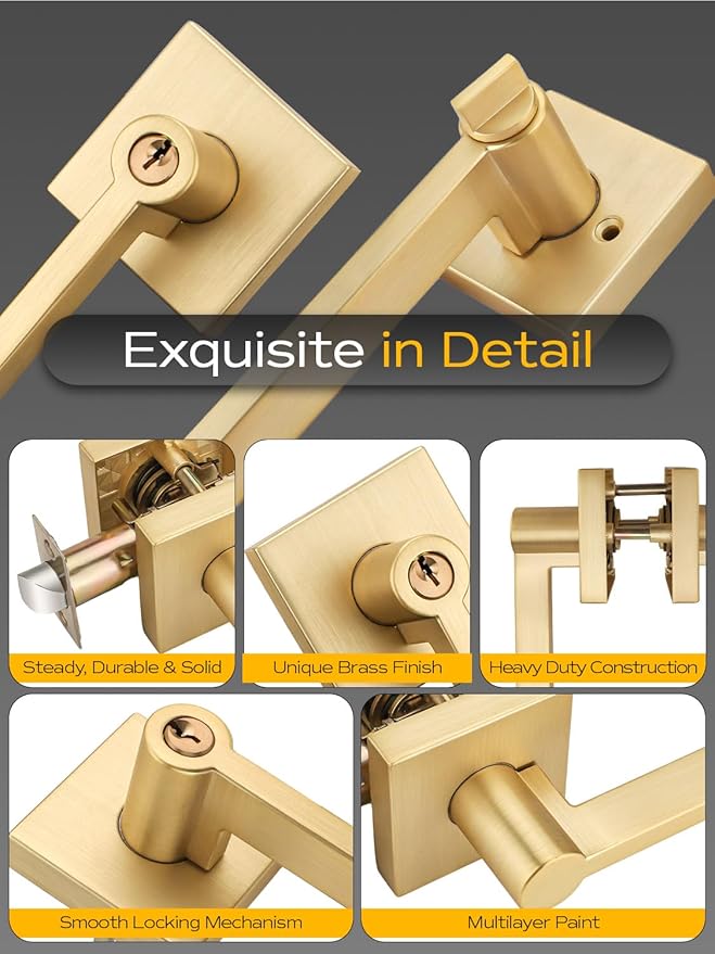 1 Set Entry Door Handle and Single Cylinder Deadbolt Lock and Key Combo Pack - Heavy Duty Square Locking Lever Set - Interior/Exterior Door Levers in Satin Brass Finish