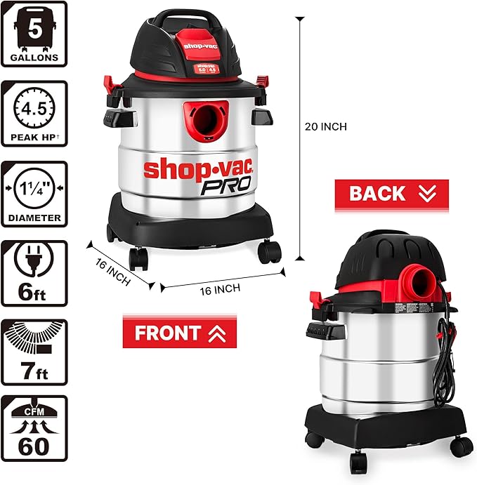 Shop-Vac 5 Gallon 4.5 Peak HP Wet/Dry Vacuum, Stainless Steel Tank, Portable Shop Vacuum with Filter, Hose and Accessories for Garage, Workshop. 5920588