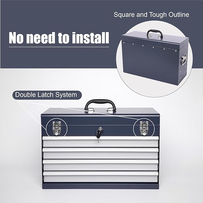 4 Drawers Metal Tool Box, 21" Portable Steel Tool Chest w/Key Lock & Latch Closure, Multi-Function Top Storage Tray Toolbox w/Powder Coating & Ball Bearing Slides for Garage (Antique Grey)