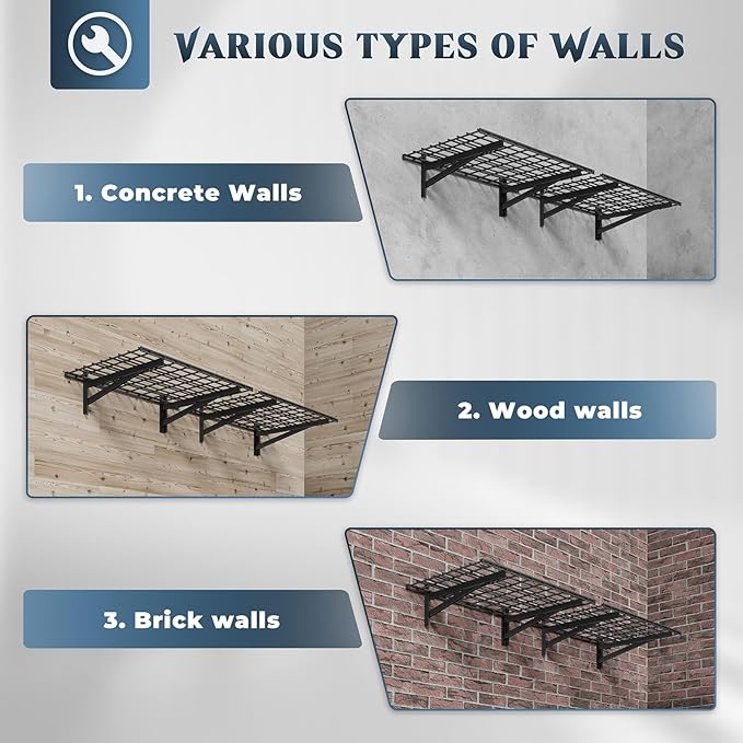 2 Pack Heavy Duty Garage Wall Shelving Set (2x3ft), Wall Mounted Garage Shelves 500lbs Capacity, 24"x72" Wall Shelf Storage Rack Floating Shelves, Black