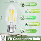 E26 Base Candelabra LED Light Bulbs 5000K Daylight, 6W, 60 watt Equivalent, E26 LED Bulb Non-Dimmable, B10 Chandelier Candle Light Bulbs, 90+CRI, 600LM, Cear Glass, 6 Pack