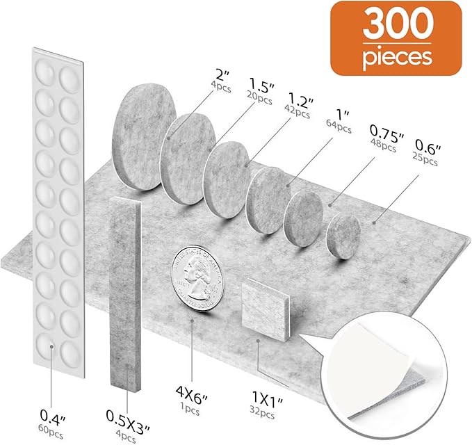 Furniture Pads 300 Pcs Premium Furniture Felt Pads (Grey), Huge Quantity Self Adhesive Felt Furniture Pads, Anti Scratch Floor Protector for Furniture Legs Hardwood Floor with 60 Cabinet Door Bumpers