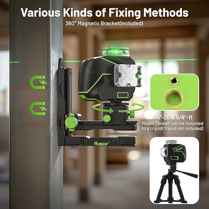 Huepar Laser Level, Self Leveling 12 Lines Cross Line Laser with LCD Screen 3 x 360° Bluetooth Connected Green Beam Laser Tool, 3D Horizontal & Vertical Laser Line -Remote Control&Rechargeable Battery