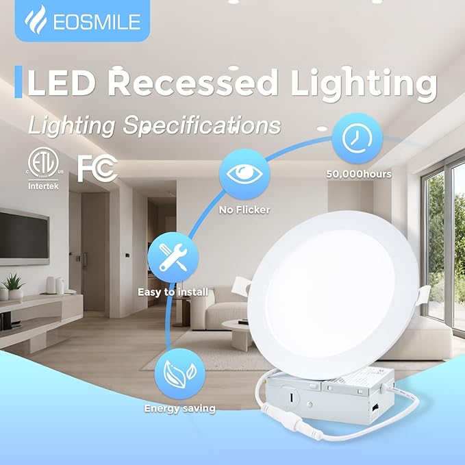 12 Pack 6 Inch Ultra-Thin LED Recessed Light with Junction Box 5CCT Adjustable Dimmable Can-Killer Downlight,1100LM, 12W, 120V, ETL FCC