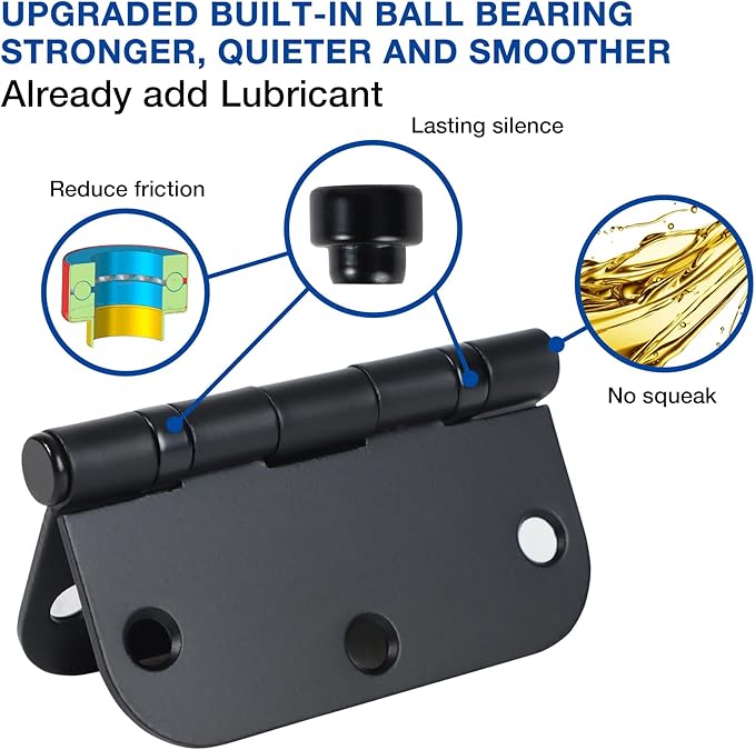 18 Pack Ball Bearing Round Matte Black Door Hinges 3.5 Inch 5/8" Radius Anti Squeak Interior 3-1/2"Flat Bifold Standard Bedroom Indoor for Doors 3 ½" Hardware Essentials House Home Decor Accessories