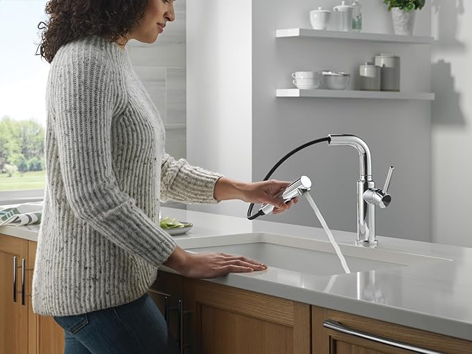 Delta Daneri Chrome Kitchen Faucet with Pull-Out Sprayer, Modern Single Hole Kitchen Sink Faucet, Single Handle, Chrome 16879-DST