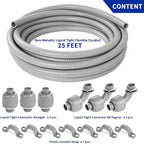 (1/2" Dia * 25 Feet) Yariwiz Flexible Electrical Conduit Liquid Tight PVC Conduit Kit with 3 PCS Coupling, 3 PCS Elbow and 7 PCS Strap, Sealtight Seal Flex Liquidtight Wire Outdoor Non Metallic Grey