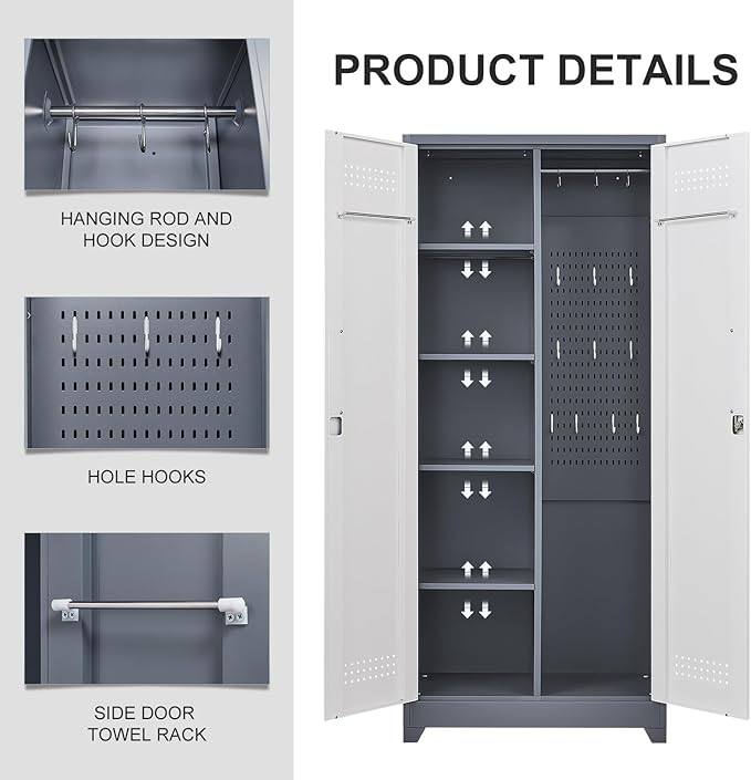 FLEXIMOUNTS 73'' Tall Metal Storage Cabinet with Locking Door, Large Cleaning Tool Organizer for Brooms, Garage, Laundry Room, Bathroom, Grey-White