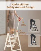 ASPERALD 3 Step Ladder with handrails,Foldable Step Stool with Anti-Slip Wide Pedals for Home Kitchen Closet,3 Step Ladder Folding Step Stool Long Handle White