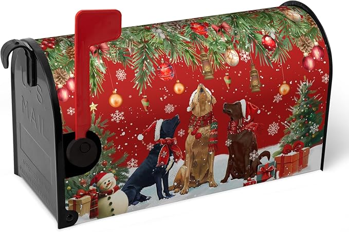 Christmas Retriever Dog Tree Magnetic Mailbox Cover Large Size 25.5 X 21 Winter Covers Snowman Red Green Xmas Holiday Oversized Mailbox Letter Box Wraps Covers for Outside Garden Yard Outdoor