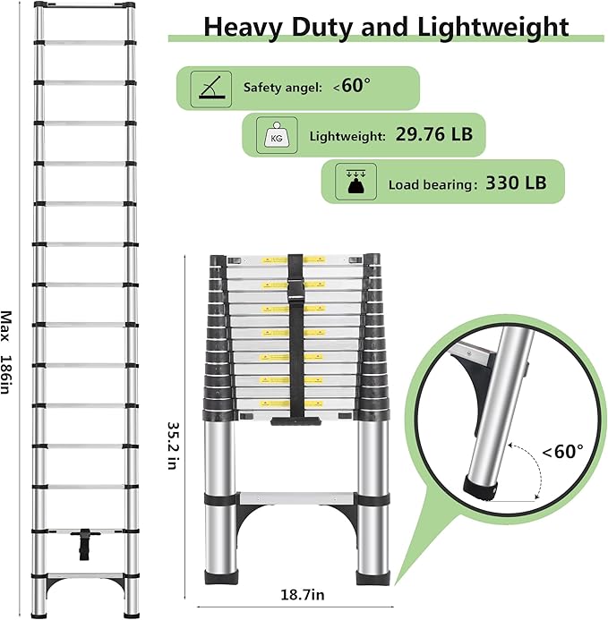 Telescoping Ladders 15.5 FT Aluminum Ladder - One-Button Retraction Collapsible Extension Ladder for Home,RV,Attic & Loft, Lasts 330 LBS with 2 Triangle Stabilizers and 2 Detachable Hooks