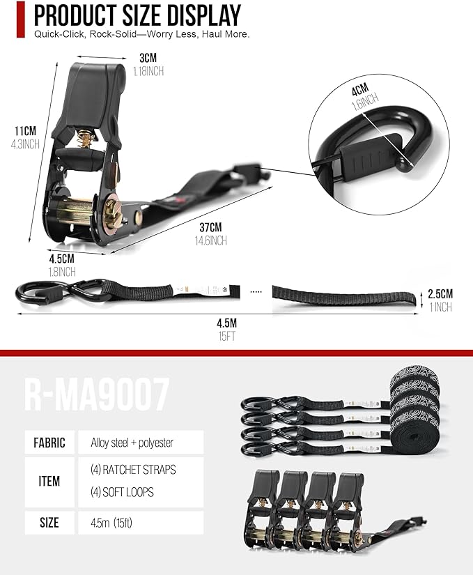 Ratchet Straps (4 PK) 15 Feet (1,823lb Break Strength) Heavy Duty Tie Down Strap with S Hook Black for Packing Motorcycle Truck Cargo