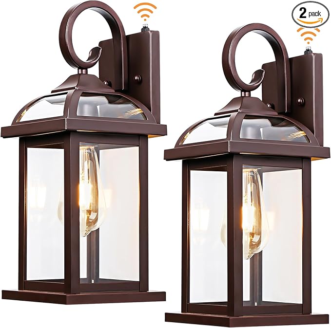 Dusk to Dawn Outdoor Lighting Oil Rubbed Bronze 2-Pack, 15 Inch Aluminum Anti-Rust Front Porch Lights with IP65 Clear Tempered Glass Exterior Light Fixtures for House Brown Carriage Lights