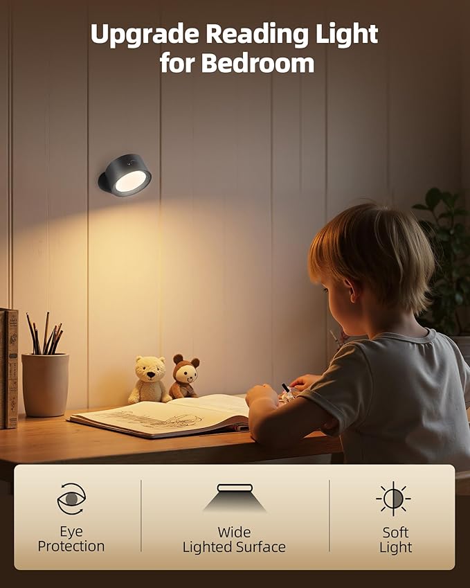 LED Wall Mounted Lights, Rechargeable Wall Sconces with Remote & Touch Control, 3 Color Temperatures 360° Rotation Dimmable Cordless Wall Light for Bedroom Study Reading Bedside (Black, 3 Pack)