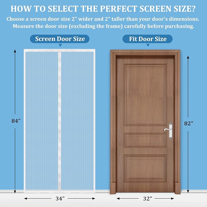 Magnetic Screen Door - Self Sealing, Heavy Duty, Hands Free Mesh Partition Keeps Bugs Out Let Breeze in- Pet and Kid Friendly - Keep Open Feature (White, Fit Door Size 32x 82 Inch)