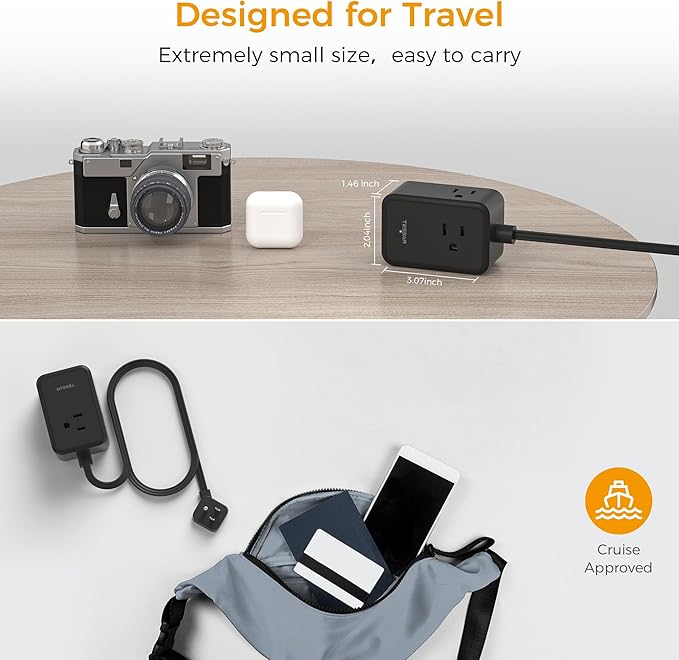 Flat Black Extension Cord, TESSAN Ultra Thin Power Strip with 3 USB Wall Charger (1 USB C), 3 Outlets Small Charging Station, 5 ft Slim Plug for Cruise Travel Office School Dorm Room Essentials