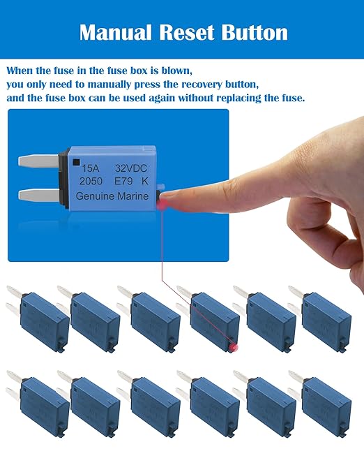 15A Low Profile Mini Fuse Kit– Automotive 15A ATM Manual Reset Circuit Breaker Fuses for Boat, RV, Car, Truck, DC 12V/32V 15 Amp Manual Resettable Blade Assortment Kit with Resettable Fuses