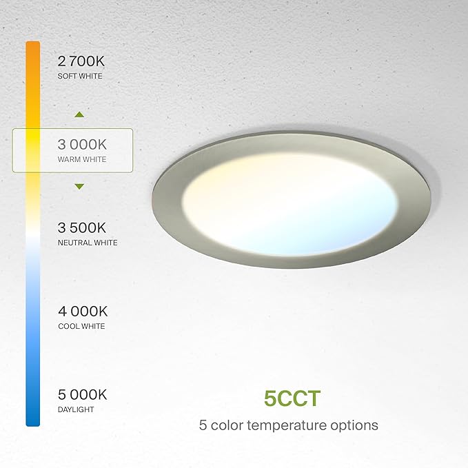 ASD 6 Pack LED Recessed Lighting 6 Inch 12W, 5 CCT 2700K-5000K CRI90+, IC Rated Ultra Thin Dimmable Ceiling Lights with J Box, Canless Wafer Downlight, Round Slim Panel Light, Energy Star ETL, Nickel