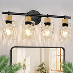 2025 Upgrade Bathroom Light Fixtures, 4-Light Coastal Vanity Lights with Crystal Glass Shade, Black Bathroom Wall Lamp for Mirror Kitchen Hallway Cabinet