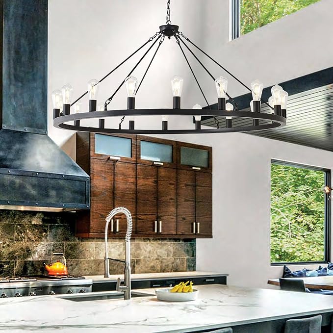 53” Black Large Wagon Wheel Chandelier,Vintage Rustic Farmhouse Chandeliers 18-Lights,Round Metal Industrial High Ceiling Pendant Light with Adjustable Height for Kitchen,Foyer,Porch,Living room