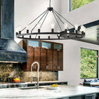 53” Black Large Wagon Wheel Chandelier,Vintage Rustic Farmhouse Chandeliers 18-Lights,Round Metal Industrial High Ceiling Pendant Light with Adjustable Height for Kitchen,Foyer,Porch,Living room