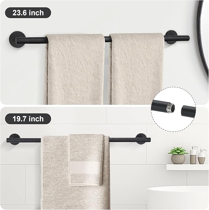 TURS Matte Black 8 Pieces Bathroom Hardware Set, SUS304 Stainless Steel 24 Inch and 20 Inch Bath Towel Bar Set, Round Bathroom Accessories Kit Wall Mounted Towel Holder