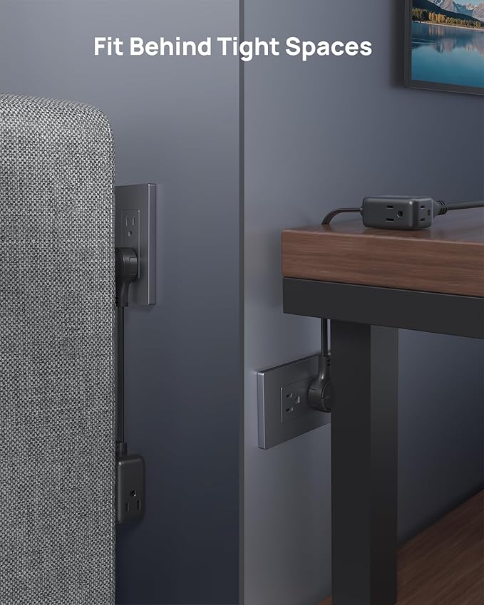 TROND 360° Rotating Flat Plug Outlet Extender with 6 Inch Extension Cord, Small Surge Protector Outlet, 900 Joules, No Blocking 3 Way Plug for Indoor Home Office Travel Dorm Room Tight Spaces, Black