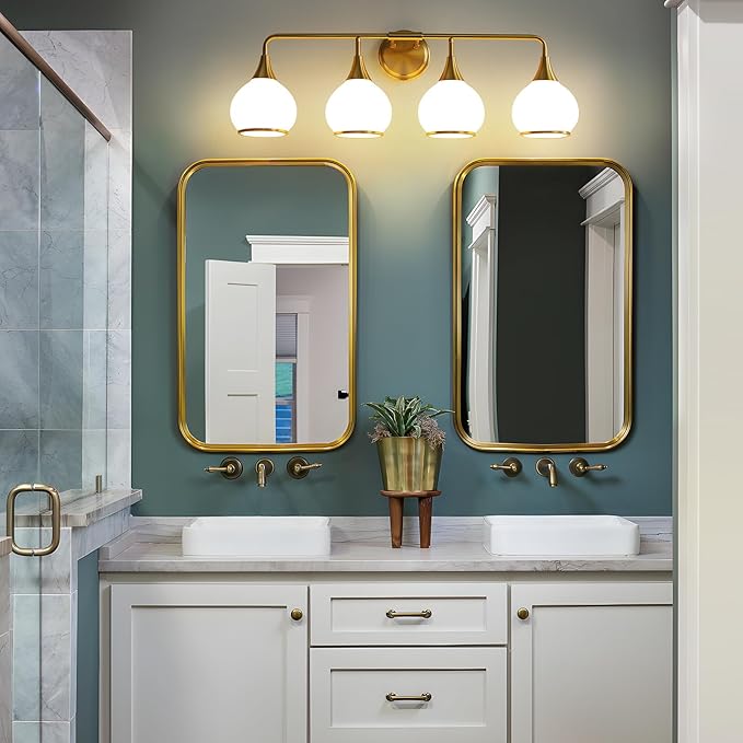 Brass Gold Bathroom Light Fixtures 4-ights Vanity Lights with Milky White Frosted Glass Shade Bathroom Vanity Light 30.7 inch Wall Sconce Lighting Bath(Exclude E26 Bulb)