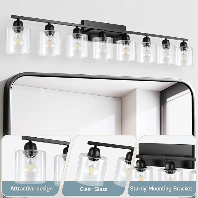 Modern 8 Light 52 inch Vanity Lights for Bathroom with Clear Glass, Black Bathroom Light Fixture for Mirror Kitchen Living Room Hallway Cabinet Porch
