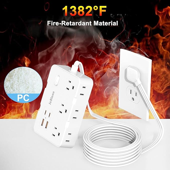 Flat Plug Power Strip Surge Protector, 5ft Ultra Thin Extension Cord with 4 USB Wall Charger(2 USB C Port), 6 Widely-Spaced Outlets Power Strip Compact for Travel, Office, Dorm Room Essentials (White)