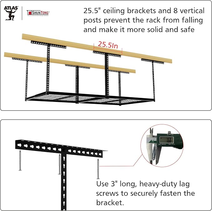 The Atlas 4 x 8 ft Adjustable Height Overhead Garage Storage Rack 900 lbs Heavy Duty Capacity Hammertone Finish