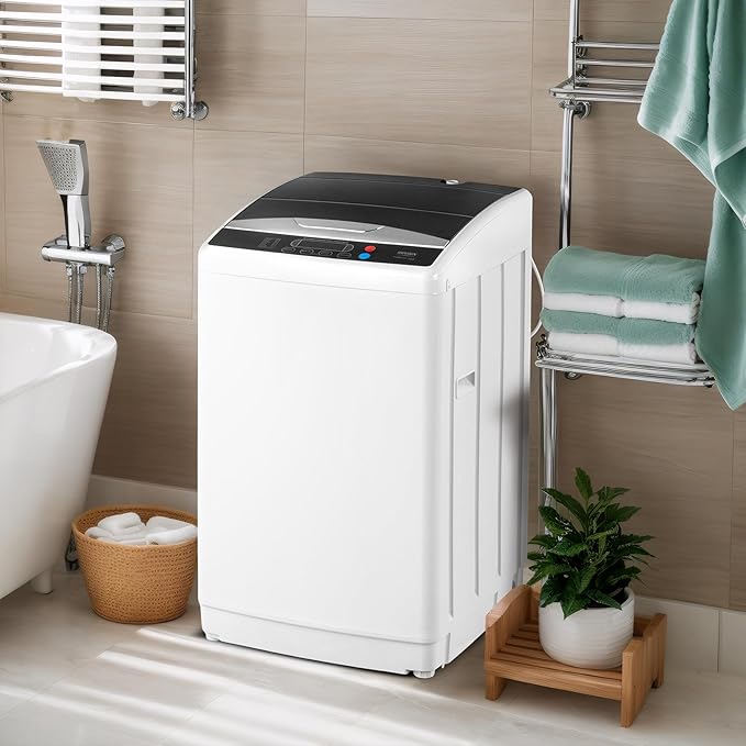 ROVSUN 25LBS Portable Washing Machine, Full-Automatic Electric Laundry Machine with Stainless Steel Drum, Compact Washer and Spin Dryer Combo with Drain Pump for Home, Apartment, Light Grey