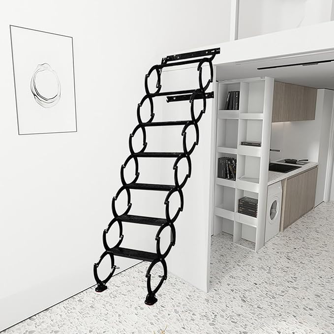 7 Steps Wall Mounted Attic Ladder, Indoor Attic Stairs Pull Down System, Metal Telescoping Step Ladders, Anti-slip Retractable Folding Stair, Loft Extension Steps Staircase for Garages(black, 7 Steps)