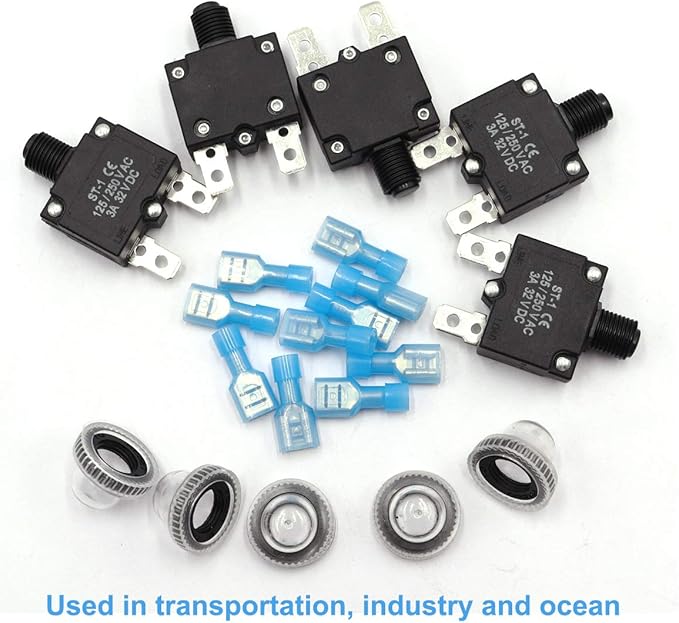 mxuteuk 5Pcs 10Amp Circuit Breakers Push Button Manual Reset 125/250V AC 32V DC,Overload Protector Switch Thermal Circuit Breakers with Quick Connect Terminals and Waterproof Button Caps ST1-5-10A