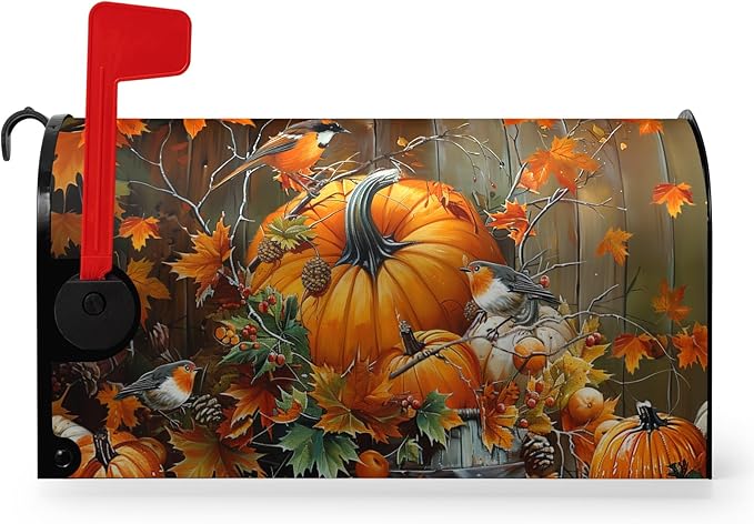 Fall Pumpkin Mailbox Covers Magnetic Standard Size 21x18 Inch Autumn Maple Leaves Birds Mail Box Cover Seasonal Farmhouse Post Letter Box Wraps for Outdoor Garden Decor
