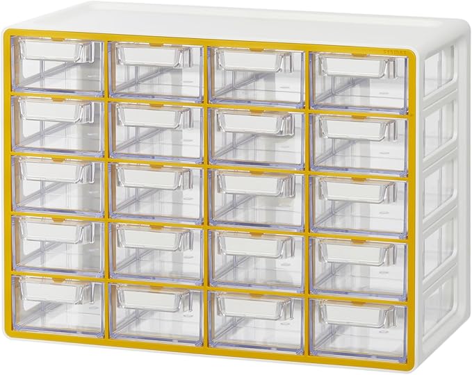 Blue Ginkgo Small 20-Drawer Cabinet – Stackable Clear Organizer for Hardware, Beads, Plastic Bricks, Office, and Craft Storage (Made in Korea, Yellow)