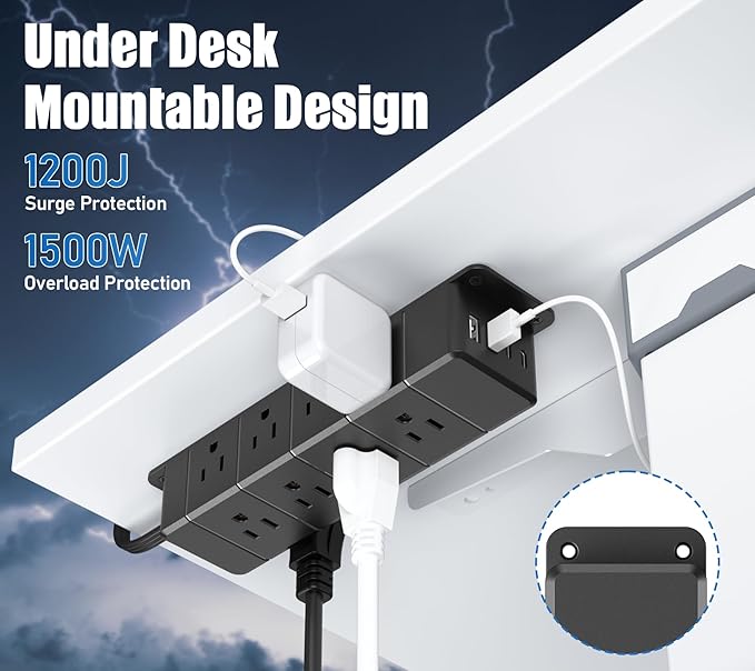 40W Fast Charging Under Desk Power Strip with Switch,12 Outlet Mountable Power Strip with 4 USB,1200J Surge Protection,6FT Flat Extension Cord Black